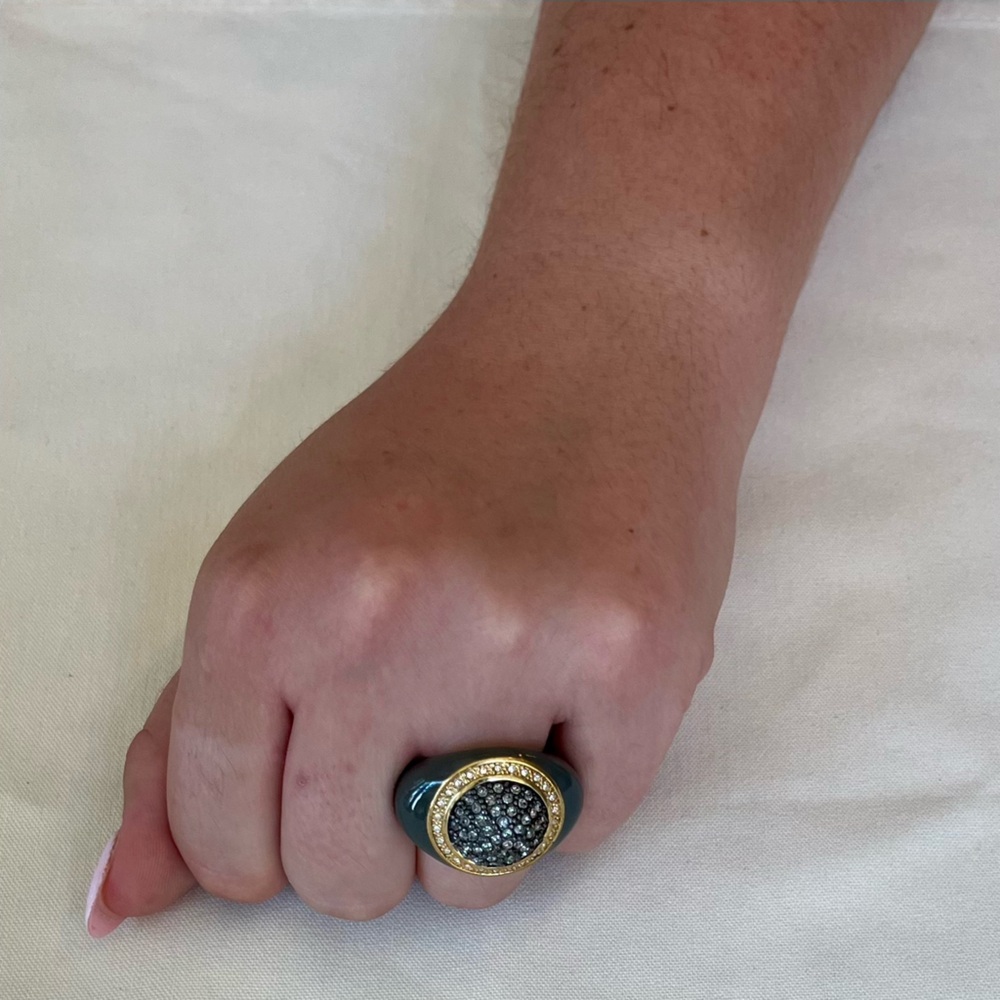 Grey Enamel And Rhinestone Statement Ring - image 3